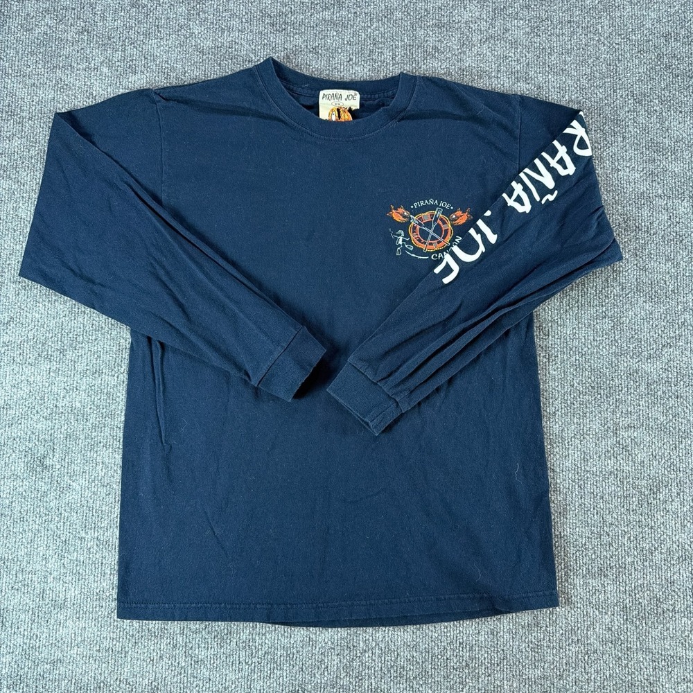 Pirana Joe Cancun Mexico Long Sleeve T-Shirt Mens Medium Navy Blue Unique Beach